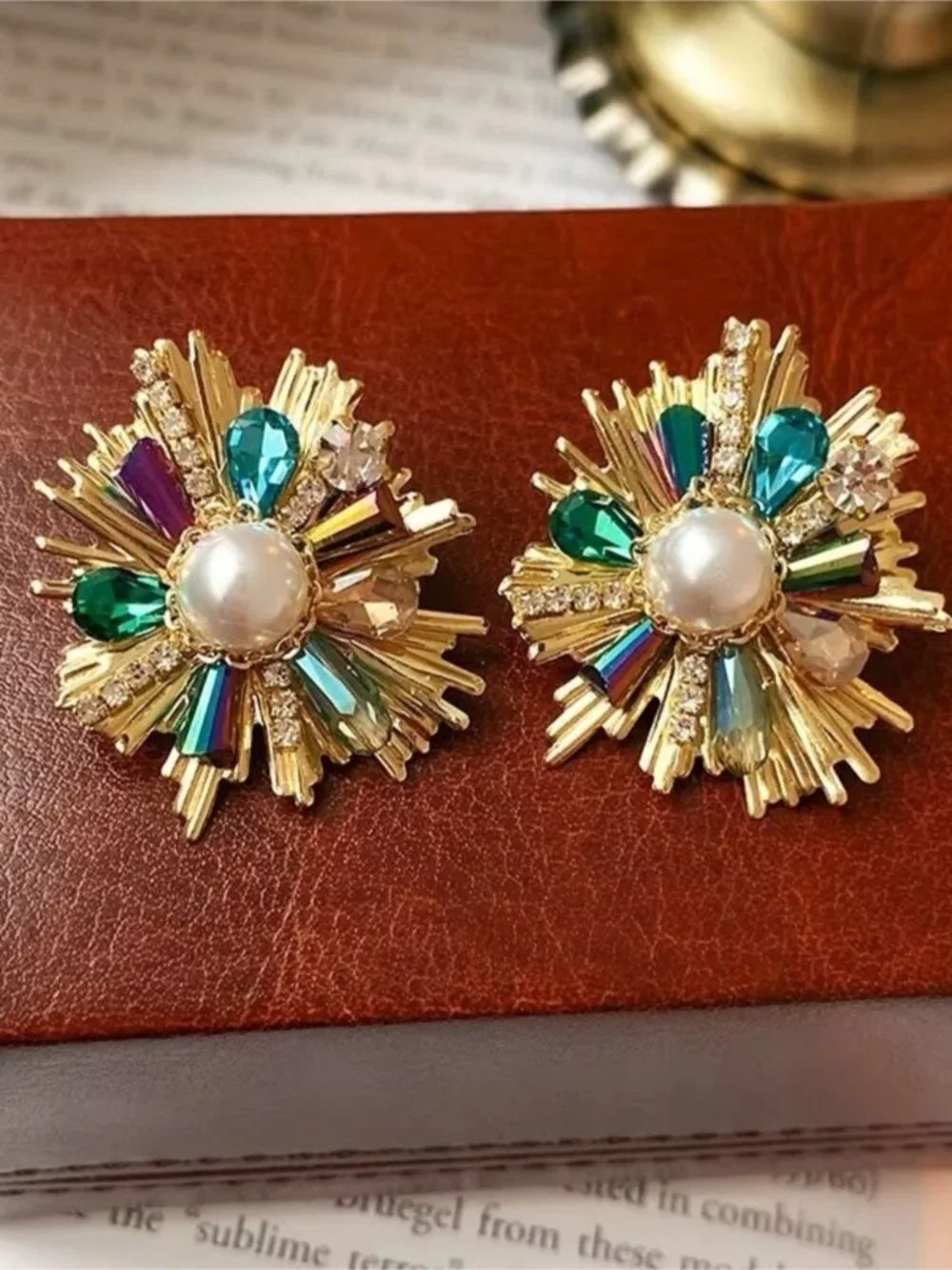 Gold Earrings with Pearl & Green-Blue Crystal Accents